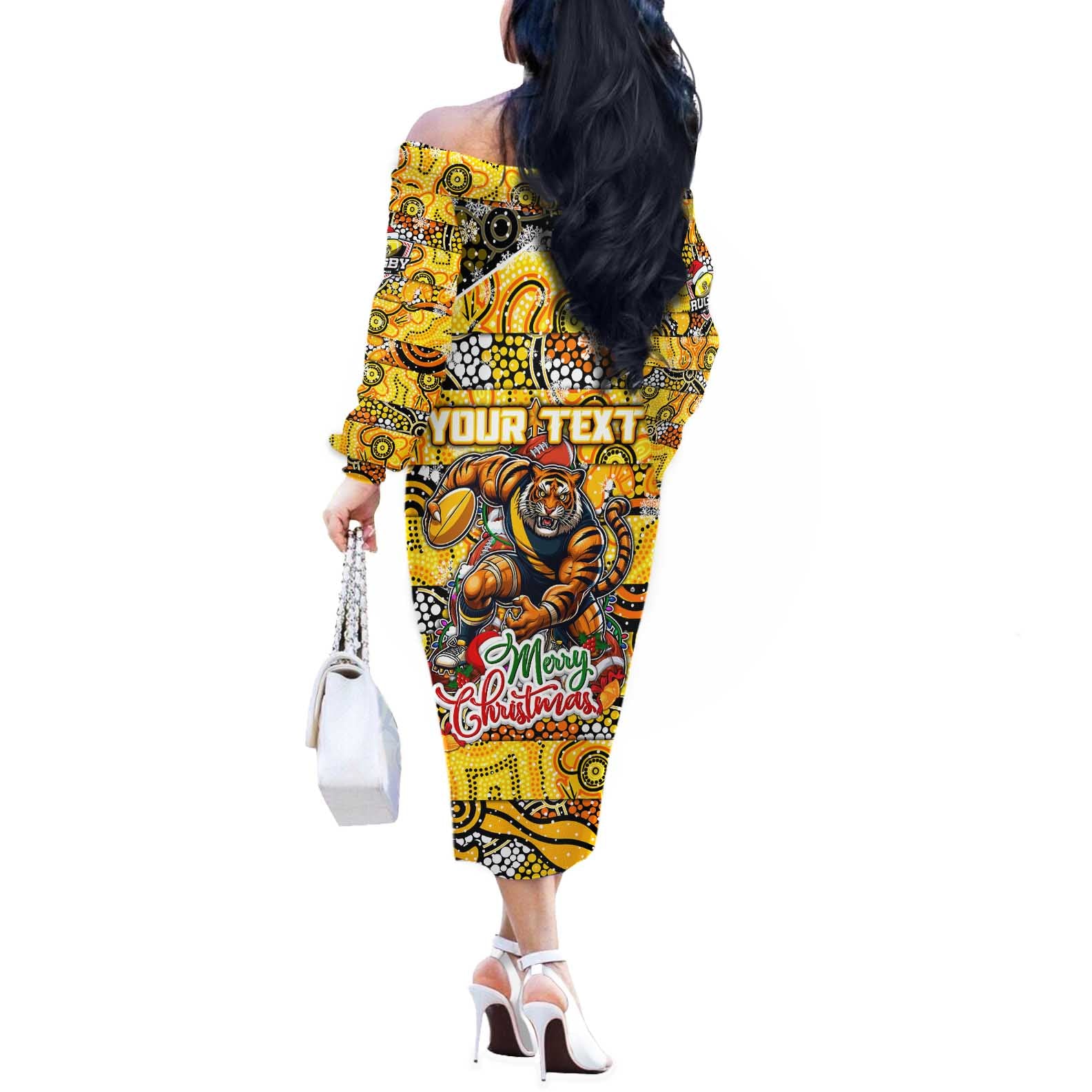 Custom Richmond Tigers Football Merry Christmas Off The Shoulder Long Sleeve Dress Indigenous Australian Art