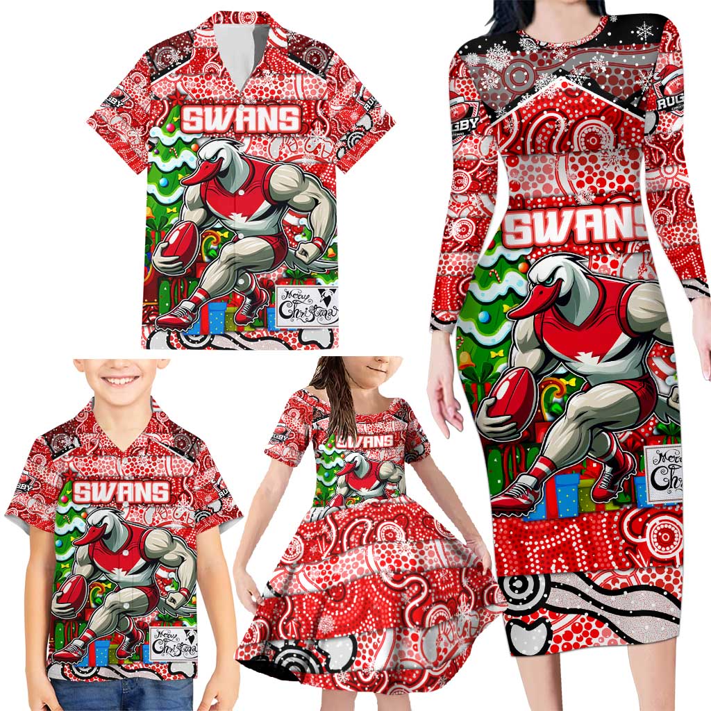 Custom Swans Rugby Merry Christmas Family Matching Long Sleeve Bodycon Dress and Hawaiian Shirt Indigenous Australian Art