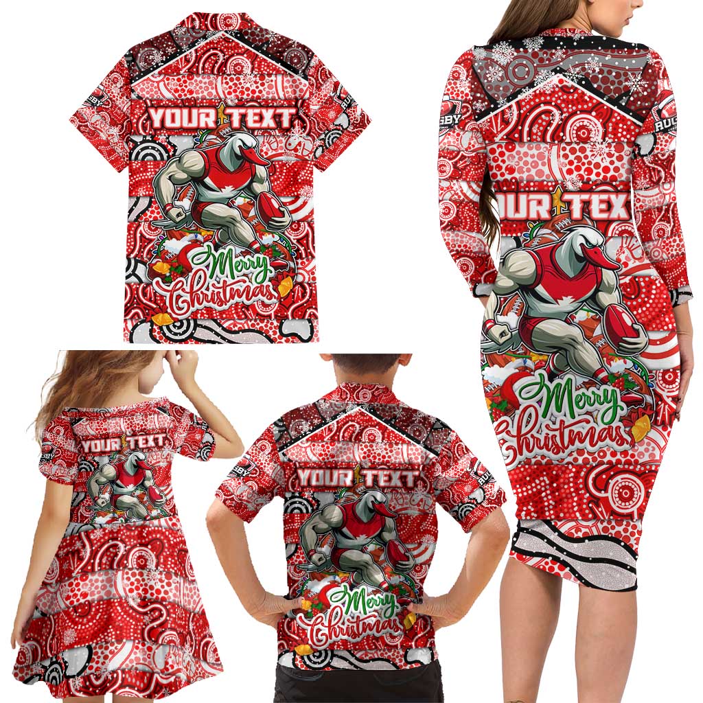 Custom Swans Rugby Merry Christmas Family Matching Long Sleeve Bodycon Dress and Hawaiian Shirt Indigenous Australian Art