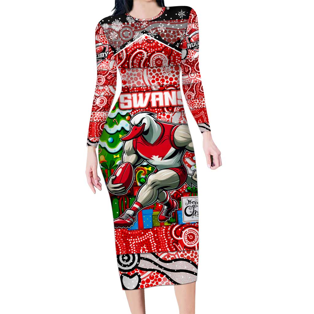 Custom Swans Rugby Merry Christmas Family Matching Long Sleeve Bodycon Dress and Hawaiian Shirt Indigenous Australian Art