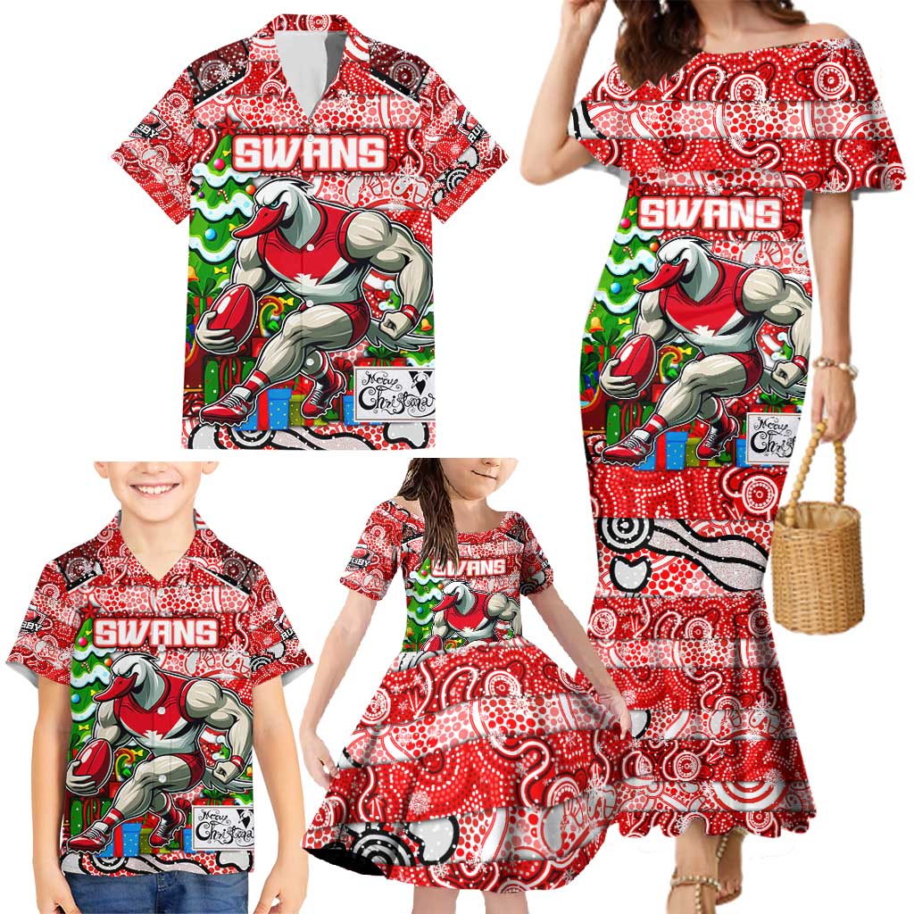 Custom Swans Rugby Merry Christmas Family Matching Mermaid Dress and Hawaiian Shirt Indigenous Australian Art