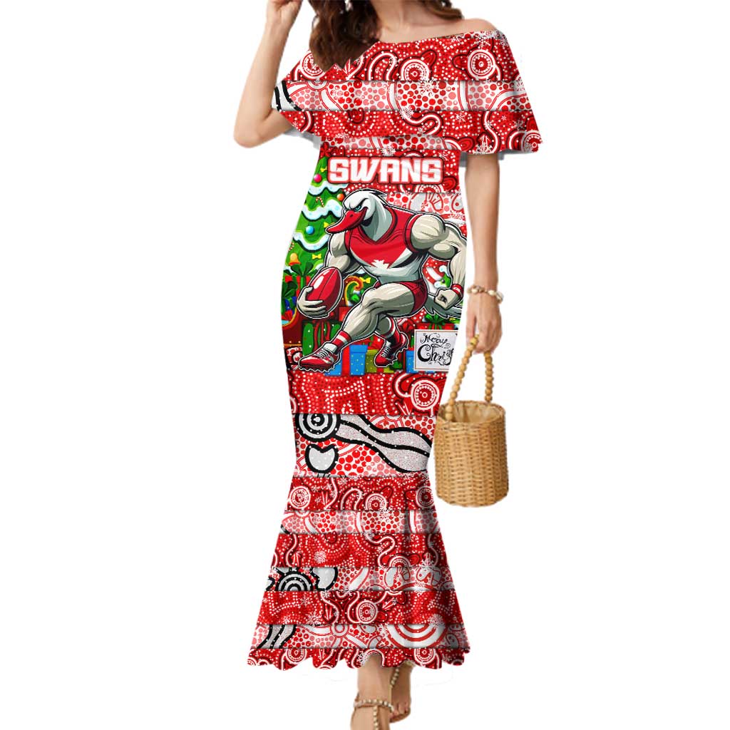 Custom Swans Rugby Merry Christmas Family Matching Mermaid Dress and Hawaiian Shirt Indigenous Australian Art