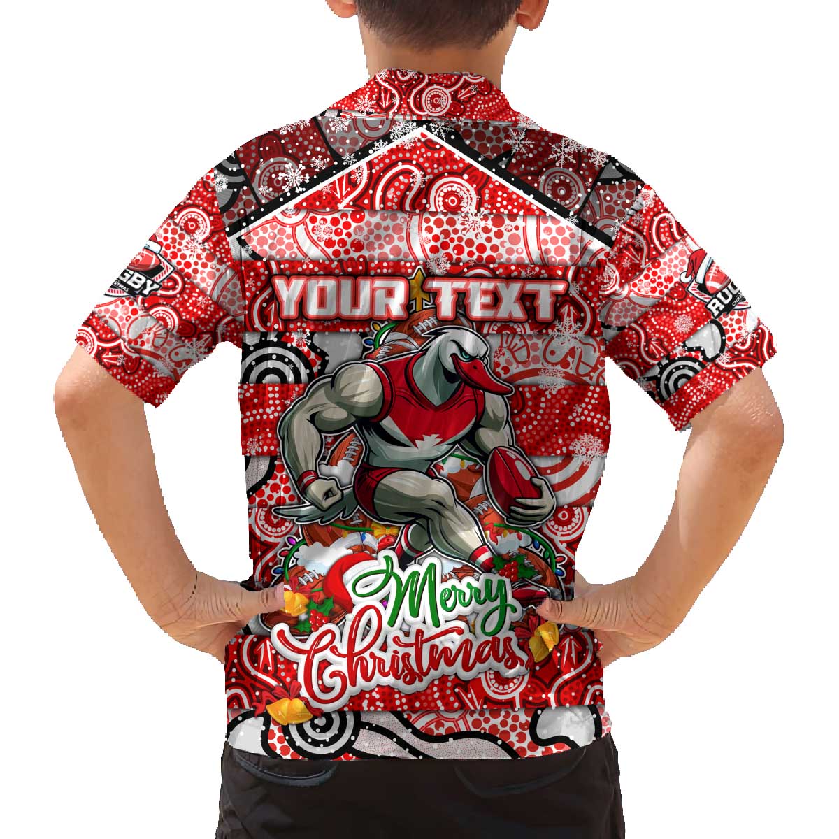 Custom Swans Rugby Merry Christmas Family Matching Off The Shoulder Long Sleeve Dress and Hawaiian Shirt Indigenous Australian Art