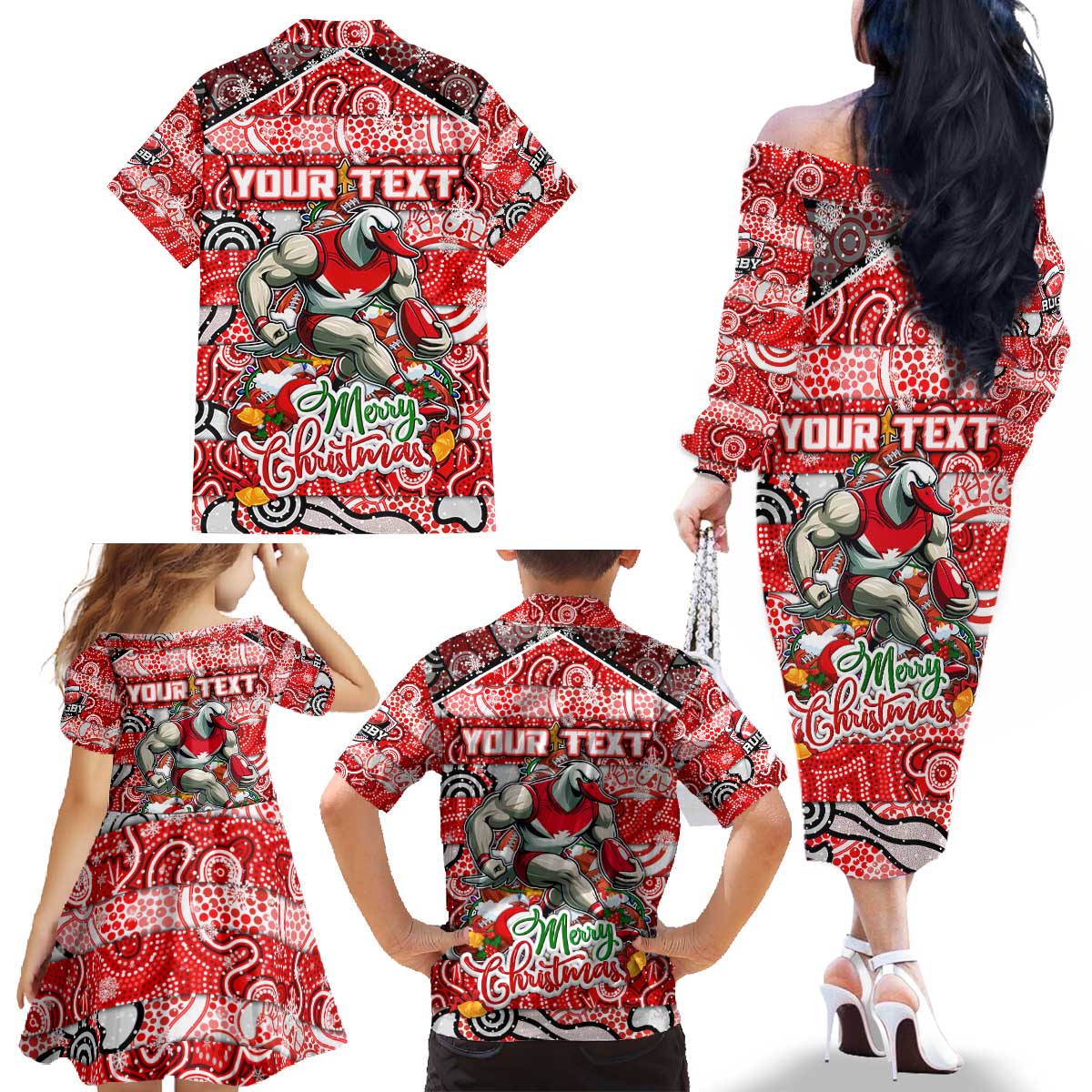 Custom Swans Rugby Merry Christmas Family Matching Off The Shoulder Long Sleeve Dress and Hawaiian Shirt Indigenous Australian Art