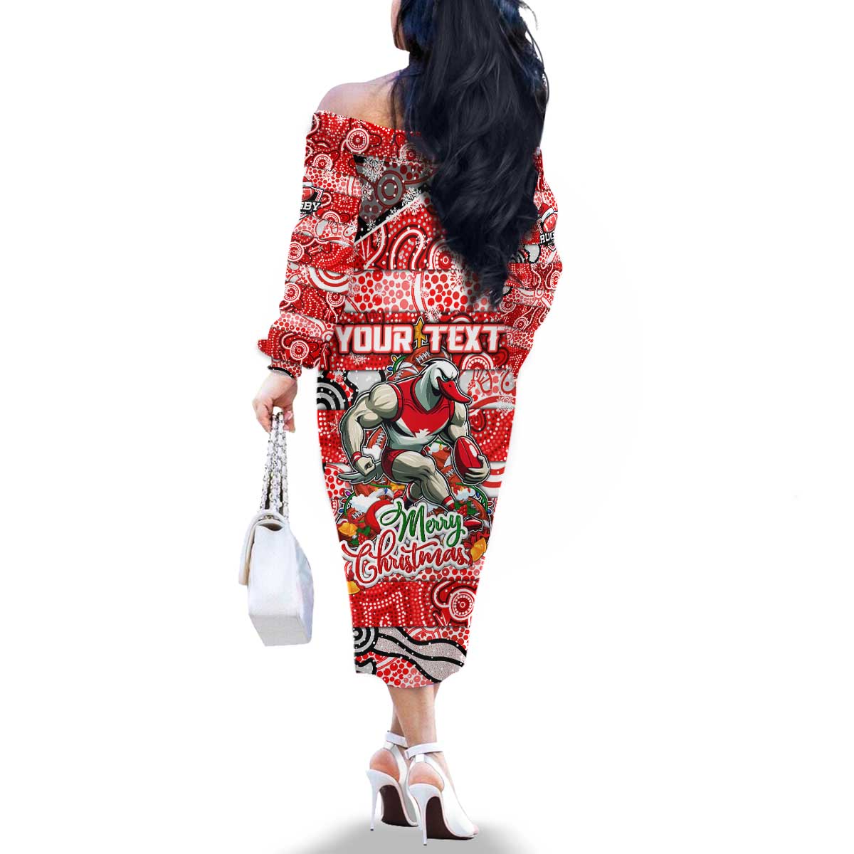 Custom Swans Rugby Merry Christmas Family Matching Off The Shoulder Long Sleeve Dress and Hawaiian Shirt Indigenous Australian Art
