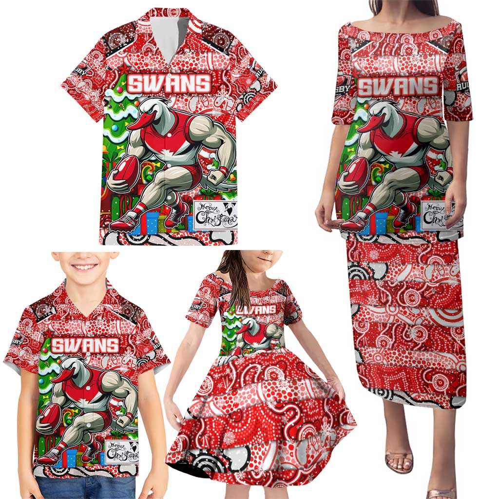 Custom Swans Rugby Merry Christmas Family Matching Puletasi and Hawaiian Shirt Indigenous Australian Art