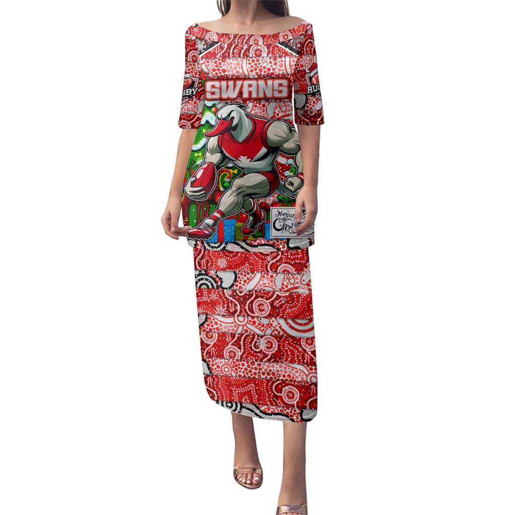 Custom Swans Rugby Merry Christmas Family Matching Puletasi and Hawaiian Shirt Indigenous Australian Art