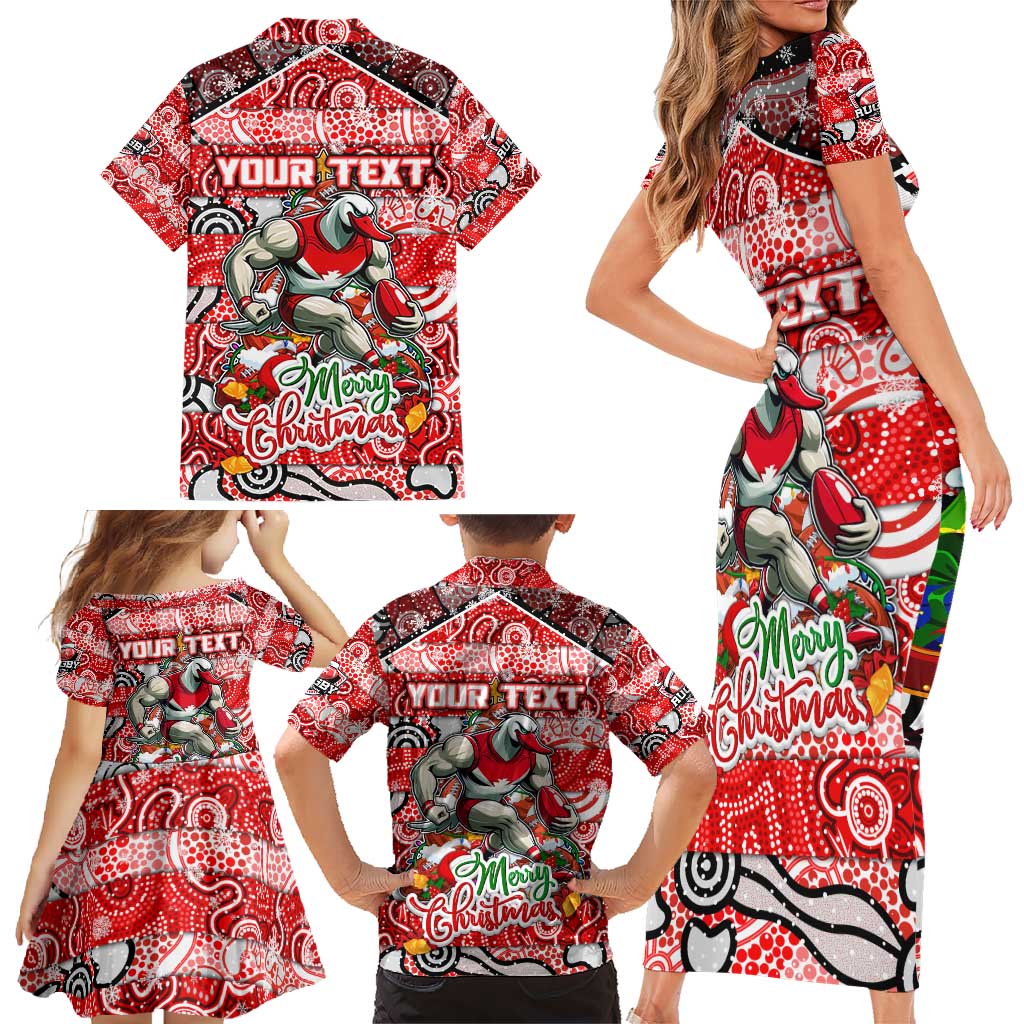 Custom Swans Rugby Merry Christmas Family Matching Short Sleeve Bodycon Dress and Hawaiian Shirt Indigenous Australian Art