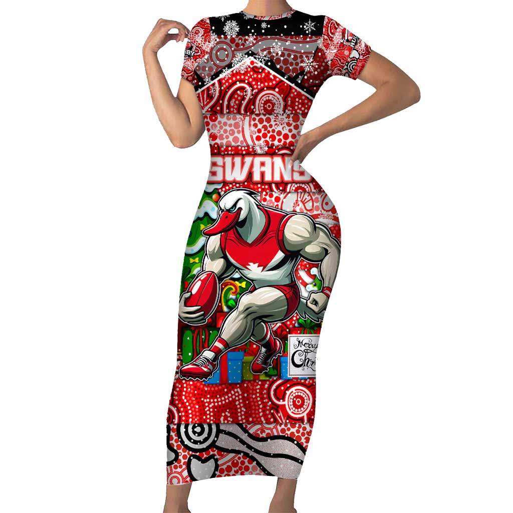 Custom Swans Rugby Merry Christmas Family Matching Short Sleeve Bodycon Dress and Hawaiian Shirt Indigenous Australian Art