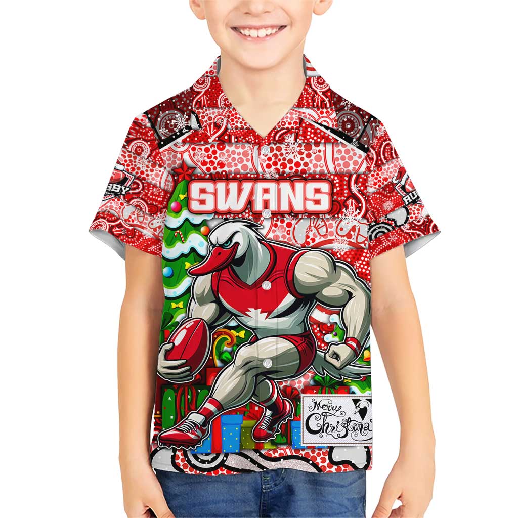 Custom Swans Rugby Merry Christmas Family Matching Short Sleeve Bodycon Dress and Hawaiian Shirt Indigenous Australian Art