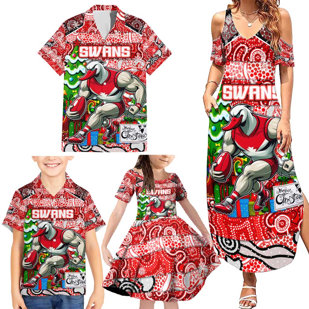 Custom Swans Rugby Merry Christmas Family Matching Summer Maxi Dress and Hawaiian Shirt Indigenous Australian Art