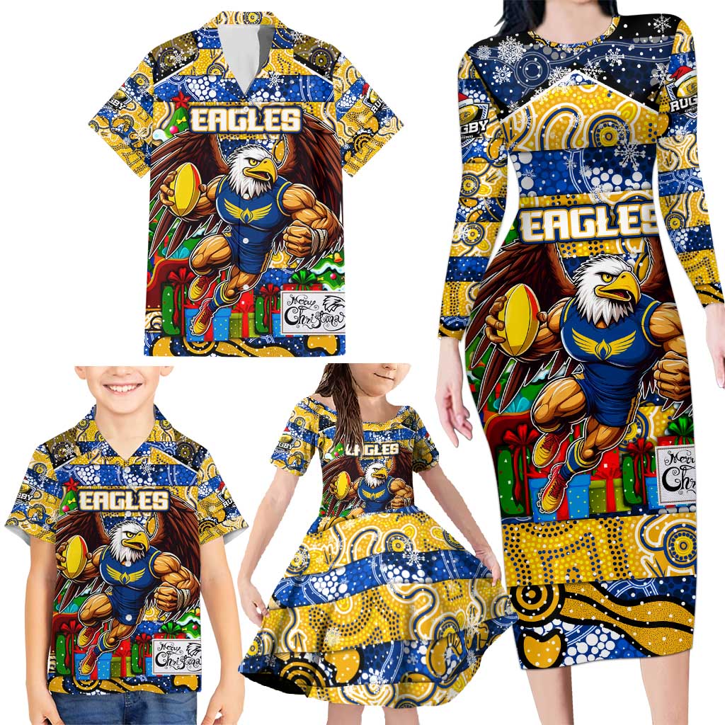 Custom Eagles Rugby Merry Christmas Family Matching Long Sleeve Bodycon Dress and Hawaiian Shirt Indigenous Australian Art