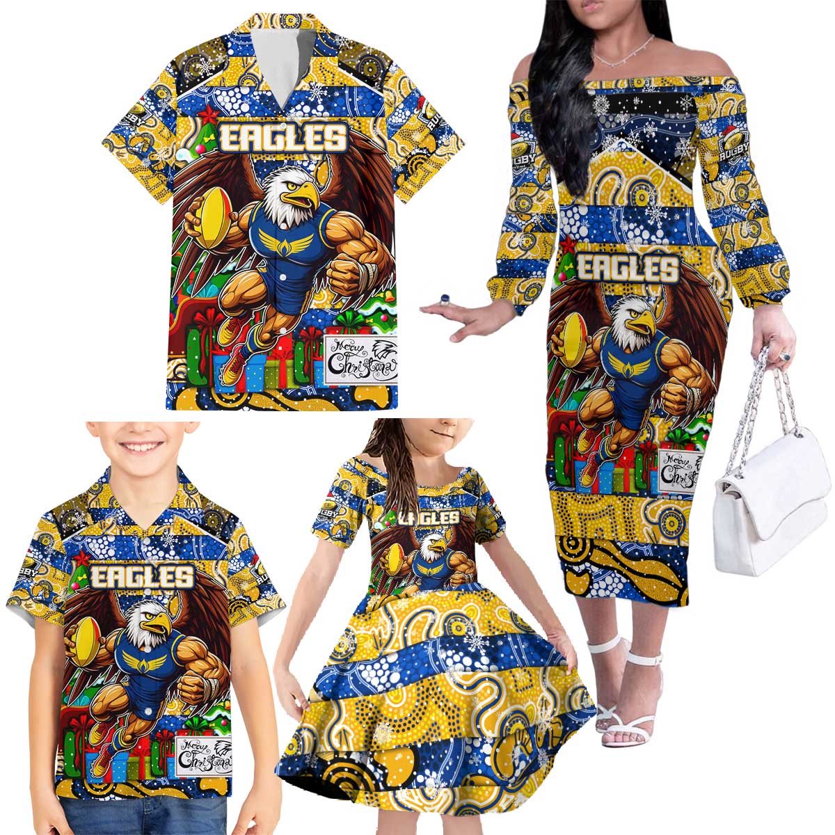 Custom Eagles Rugby Merry Christmas Family Matching Off The Shoulder Long Sleeve Dress and Hawaiian Shirt Indigenous Australian Art