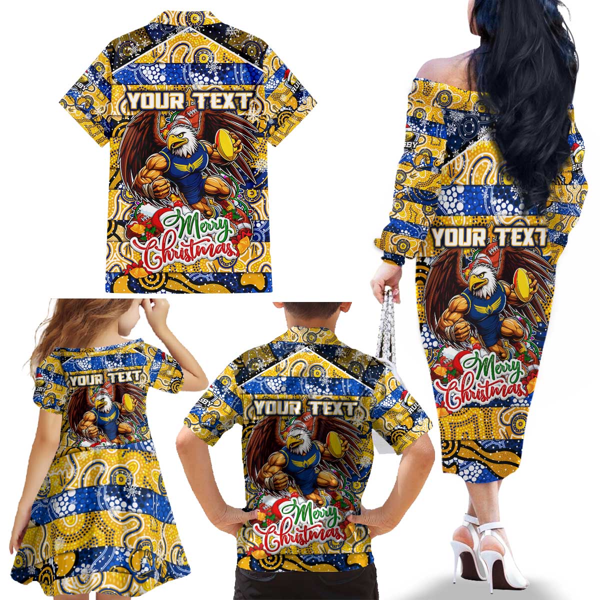 Custom Eagles Rugby Merry Christmas Family Matching Off The Shoulder Long Sleeve Dress and Hawaiian Shirt Indigenous Australian Art