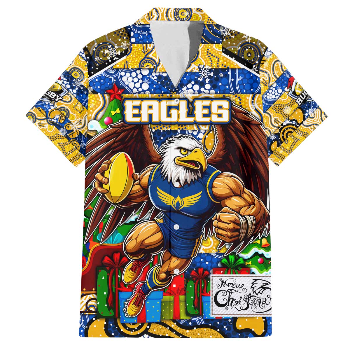 Custom Eagles Rugby Merry Christmas Family Matching Off The Shoulder Long Sleeve Dress and Hawaiian Shirt Indigenous Australian Art