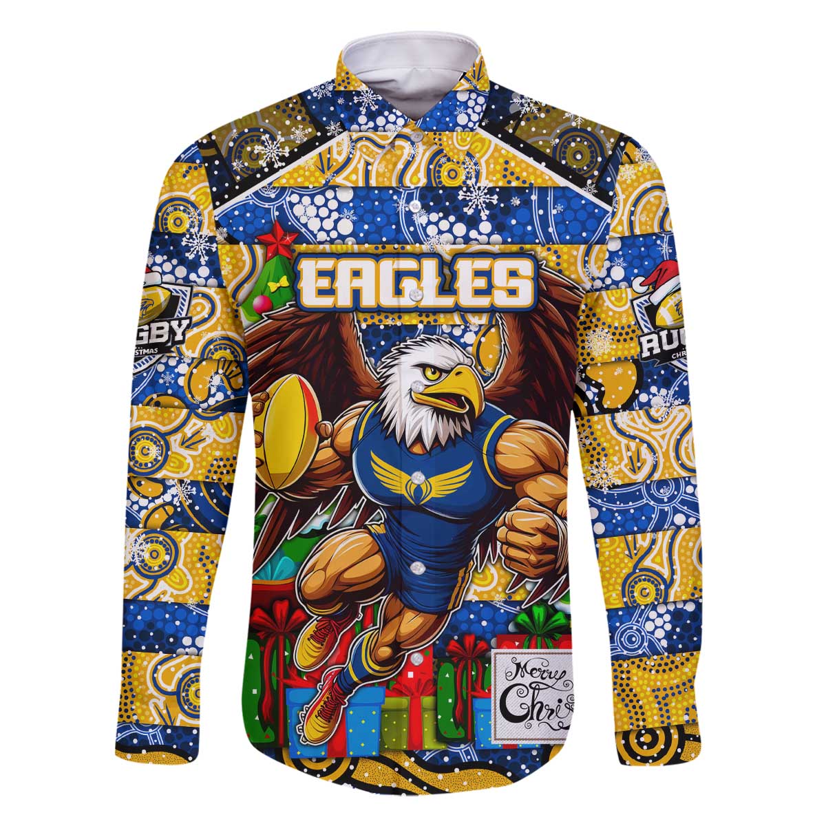 Custom Eagles Rugby Merry Christmas Family Matching Off The Shoulder Long Sleeve Dress and Hawaiian Shirt Indigenous Australian Art