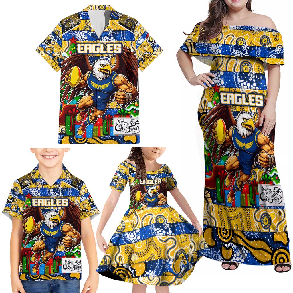 Custom Eagles Rugby Merry Christmas Family Matching Off Shoulder Maxi Dress and Hawaiian Shirt Indigenous Australian Art