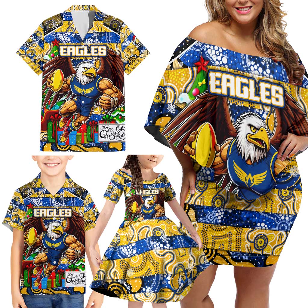 Custom Eagles Rugby Merry Christmas Family Matching Off Shoulder Short Dress and Hawaiian Shirt Indigenous Australian Art