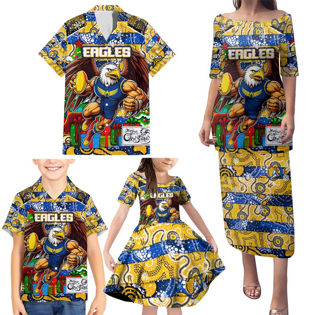 Custom Eagles Rugby Merry Christmas Family Matching Puletasi and Hawaiian Shirt Indigenous Australian Art