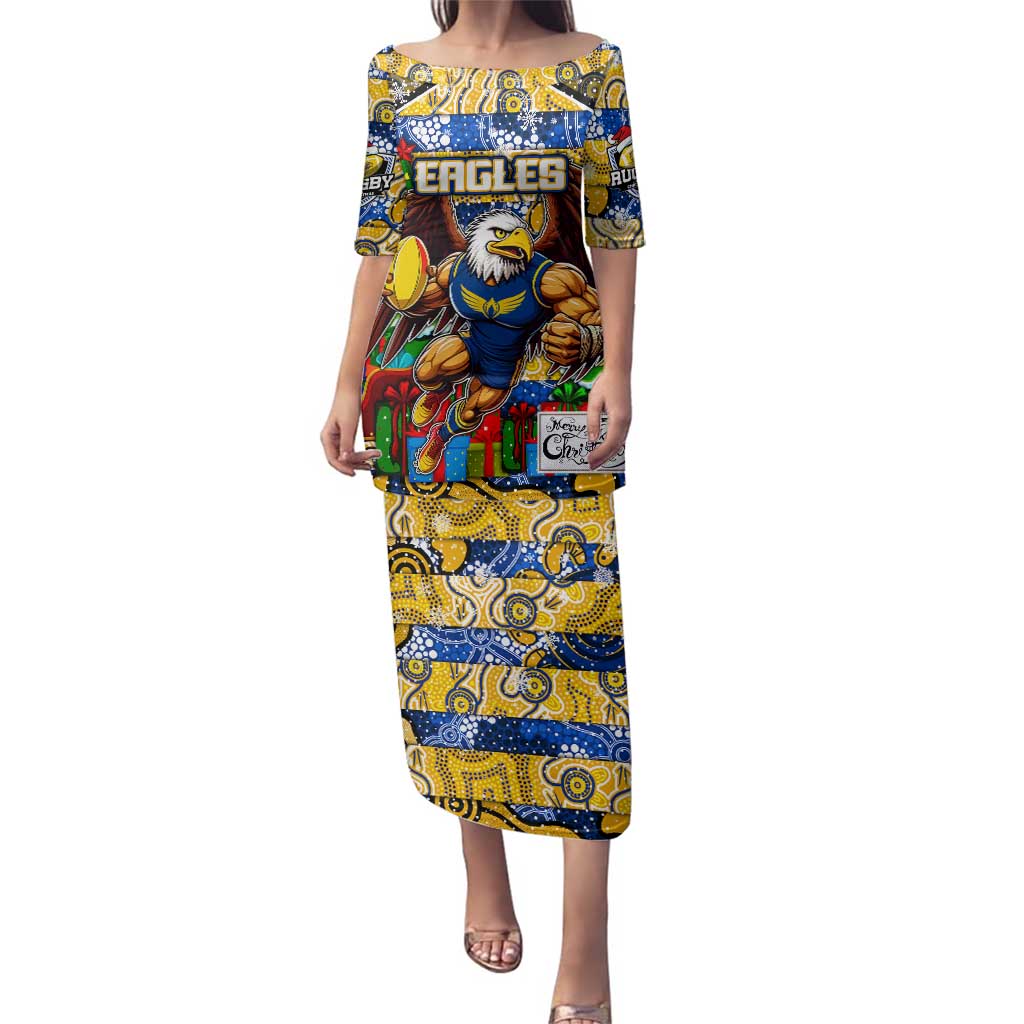 Custom Eagles Rugby Merry Christmas Family Matching Puletasi and Hawaiian Shirt Indigenous Australian Art