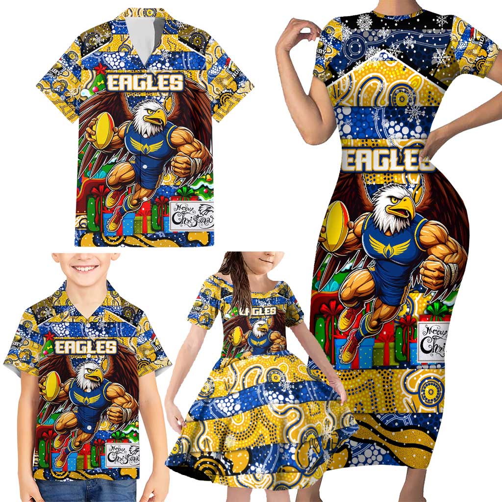 Custom Eagles Rugby Merry Christmas Family Matching Short Sleeve Bodycon Dress and Hawaiian Shirt Indigenous Australian Art