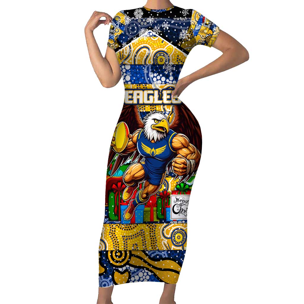 Custom Eagles Rugby Merry Christmas Family Matching Short Sleeve Bodycon Dress and Hawaiian Shirt Indigenous Australian Art