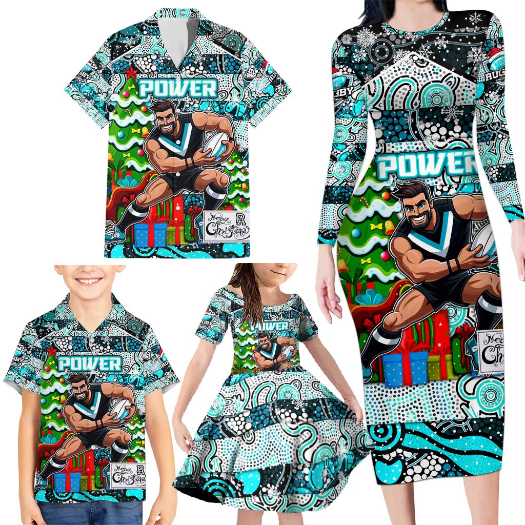 Custom Power Rugby Merry Christmas Family Matching Long Sleeve Bodycon Dress and Hawaiian Shirt Indigenous Australian Art