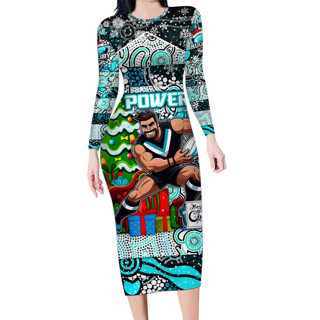 Custom Power Rugby Merry Christmas Family Matching Long Sleeve Bodycon Dress and Hawaiian Shirt Indigenous Australian Art