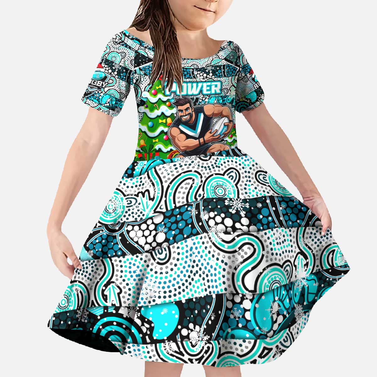 Custom Power Rugby Merry Christmas Family Matching Off The Shoulder Long Sleeve Dress and Hawaiian Shirt Indigenous Australian Art