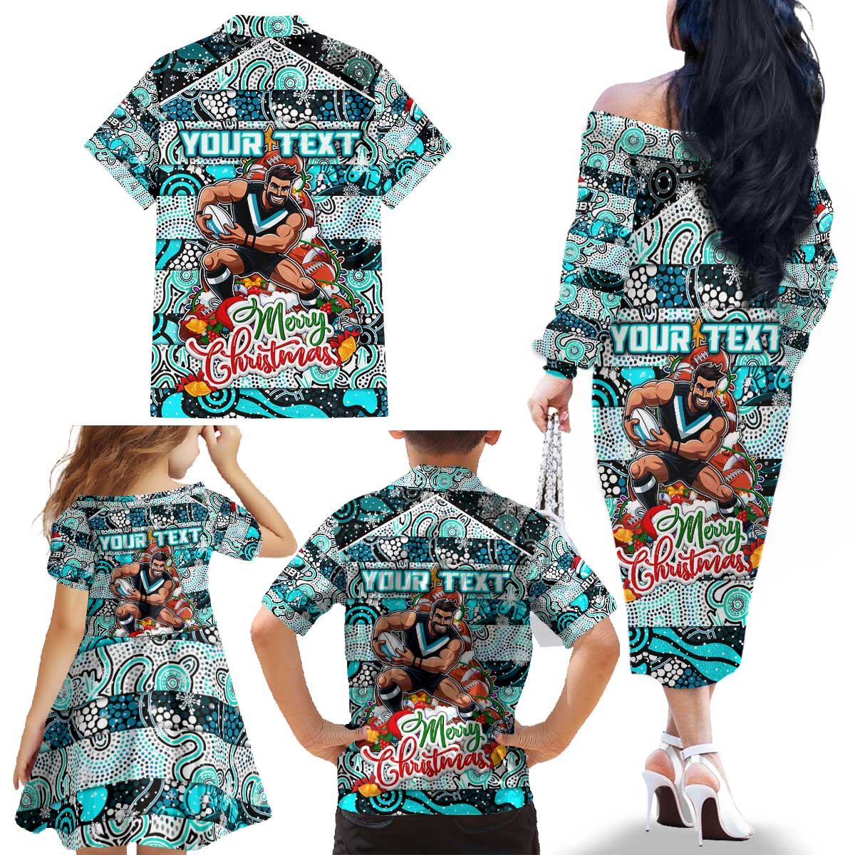 Custom Power Rugby Merry Christmas Family Matching Off The Shoulder Long Sleeve Dress and Hawaiian Shirt Indigenous Australian Art
