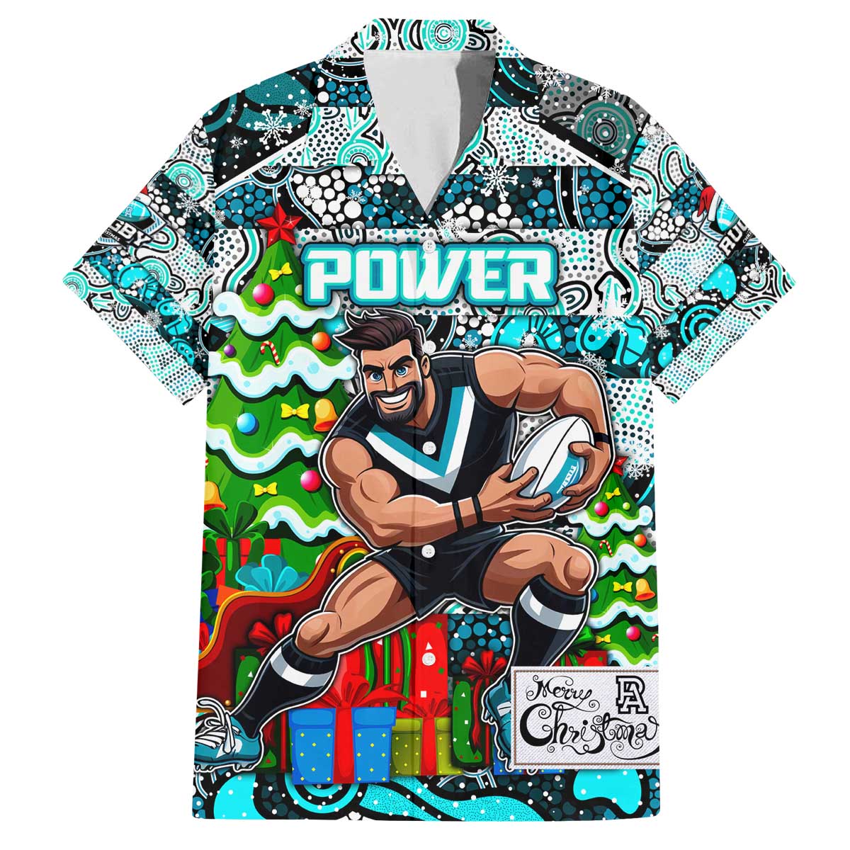 Custom Power Rugby Merry Christmas Family Matching Off The Shoulder Long Sleeve Dress and Hawaiian Shirt Indigenous Australian Art