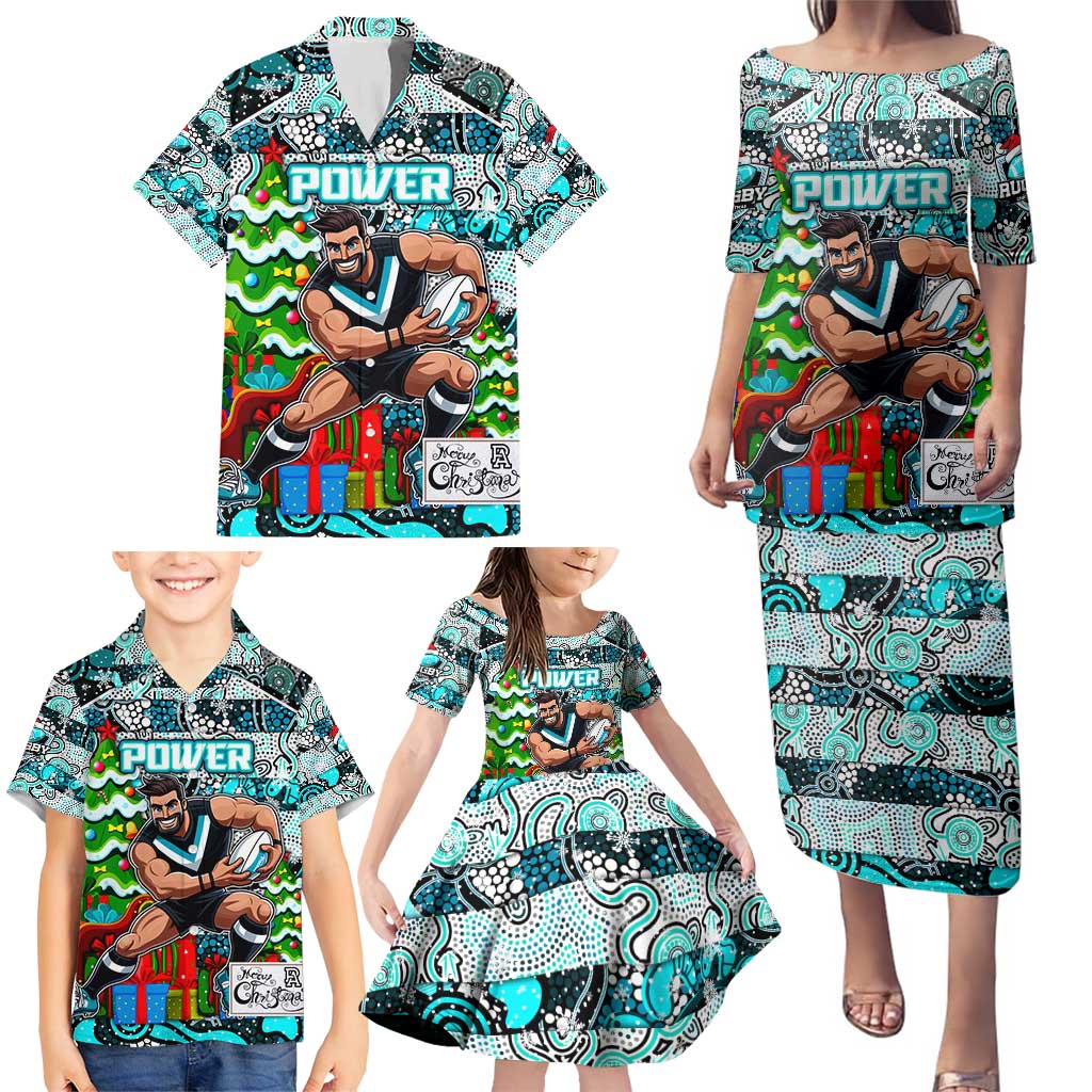 Custom Power Rugby Merry Christmas Family Matching Puletasi and Hawaiian Shirt Indigenous Australian Art