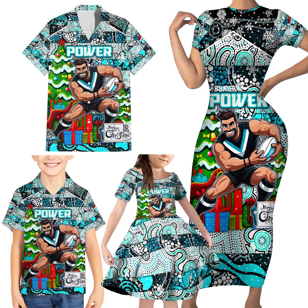 Custom Power Rugby Merry Christmas Family Matching Short Sleeve Bodycon Dress and Hawaiian Shirt Indigenous Australian Art