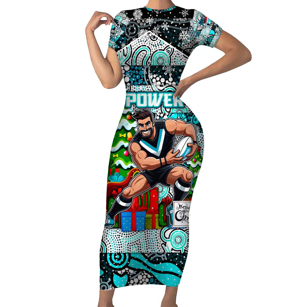 Custom Power Rugby Merry Christmas Family Matching Short Sleeve Bodycon Dress and Hawaiian Shirt Indigenous Australian Art