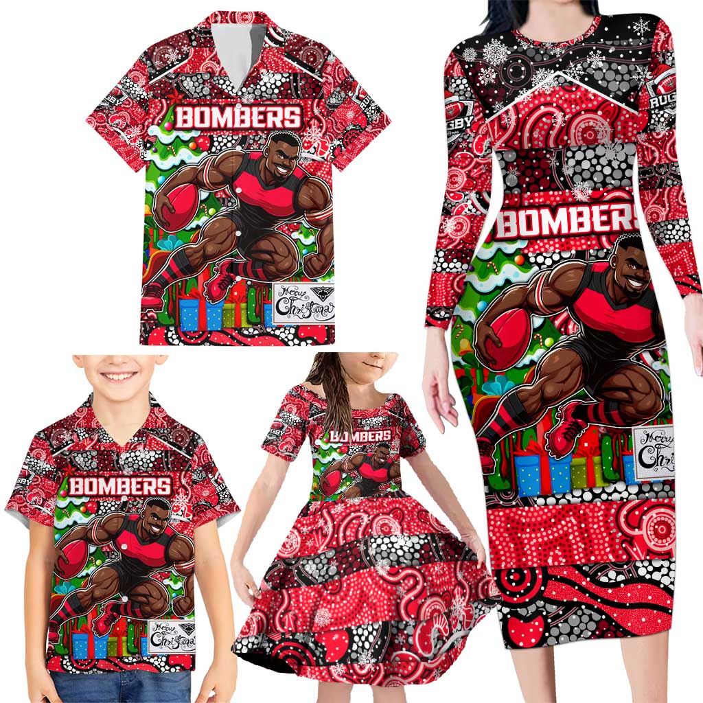 Custom Bombers Rugby Merry Christmas Family Matching Long Sleeve Bodycon Dress and Hawaiian Shirt Indigenous Australian Art