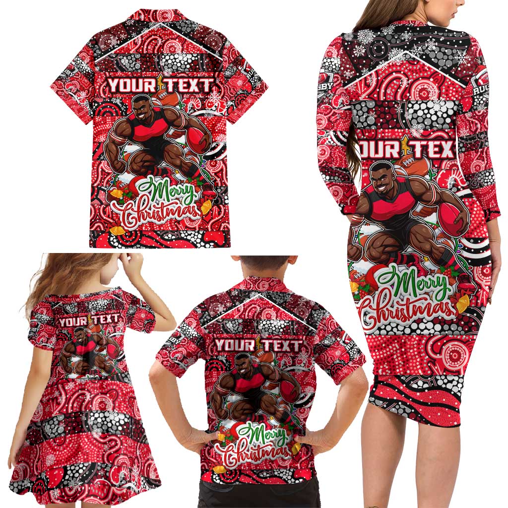 Custom Bombers Rugby Merry Christmas Family Matching Long Sleeve Bodycon Dress and Hawaiian Shirt Indigenous Australian Art
