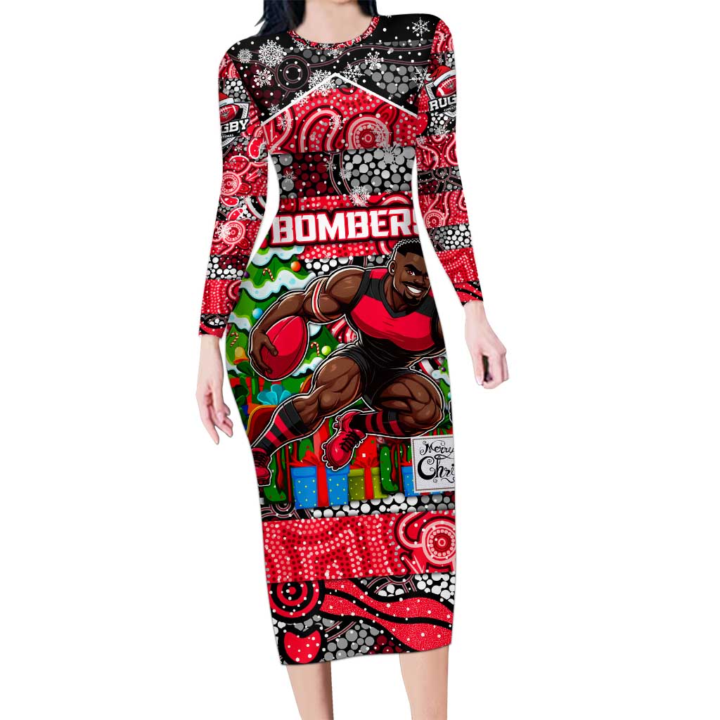 Custom Bombers Rugby Merry Christmas Family Matching Long Sleeve Bodycon Dress and Hawaiian Shirt Indigenous Australian Art