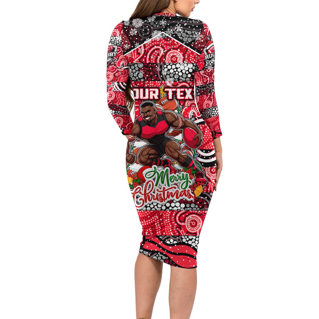 Custom Bombers Rugby Merry Christmas Family Matching Long Sleeve Bodycon Dress and Hawaiian Shirt Indigenous Australian Art