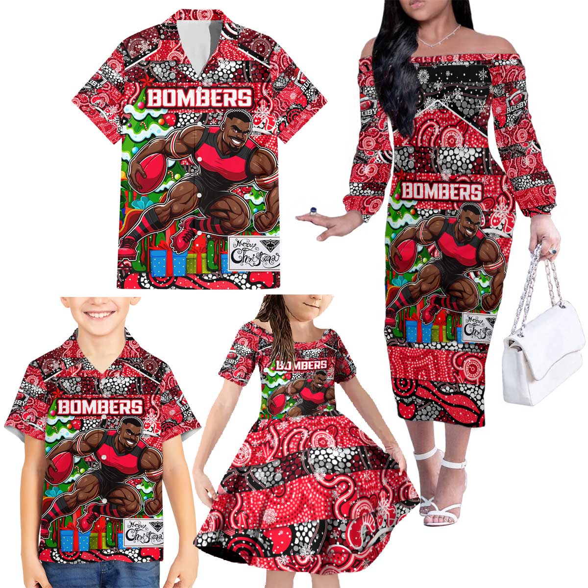 Custom Bombers Rugby Merry Christmas Family Matching Off The Shoulder Long Sleeve Dress and Hawaiian Shirt Indigenous Australian Art