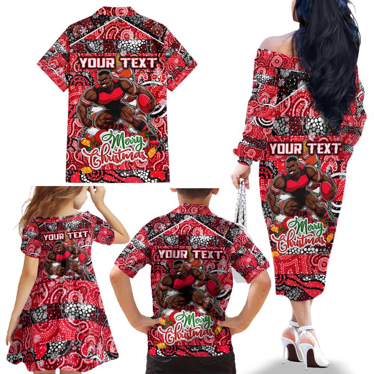 Custom Bombers Rugby Merry Christmas Family Matching Off The Shoulder Long Sleeve Dress and Hawaiian Shirt Indigenous Australian Art