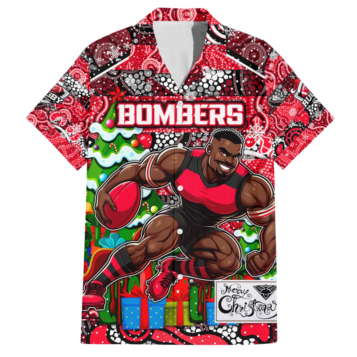 Custom Bombers Rugby Merry Christmas Family Matching Off The Shoulder Long Sleeve Dress and Hawaiian Shirt Indigenous Australian Art