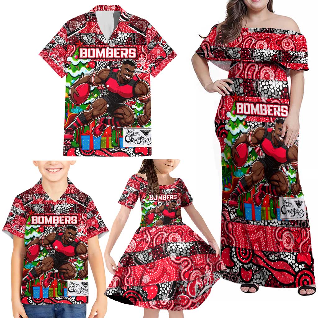 Custom Bombers Rugby Merry Christmas Family Matching Off Shoulder Maxi Dress and Hawaiian Shirt Indigenous Australian Art