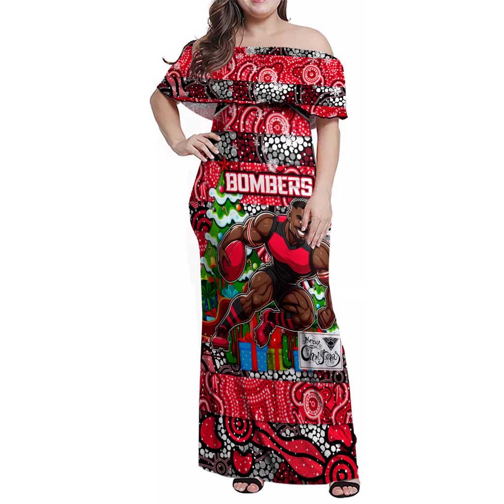 Custom Bombers Rugby Merry Christmas Family Matching Off Shoulder Maxi Dress and Hawaiian Shirt Indigenous Australian Art