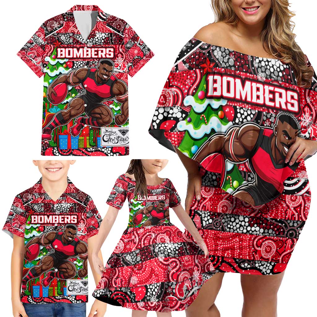 Custom Bombers Rugby Merry Christmas Family Matching Off Shoulder Short Dress and Hawaiian Shirt Indigenous Australian Art