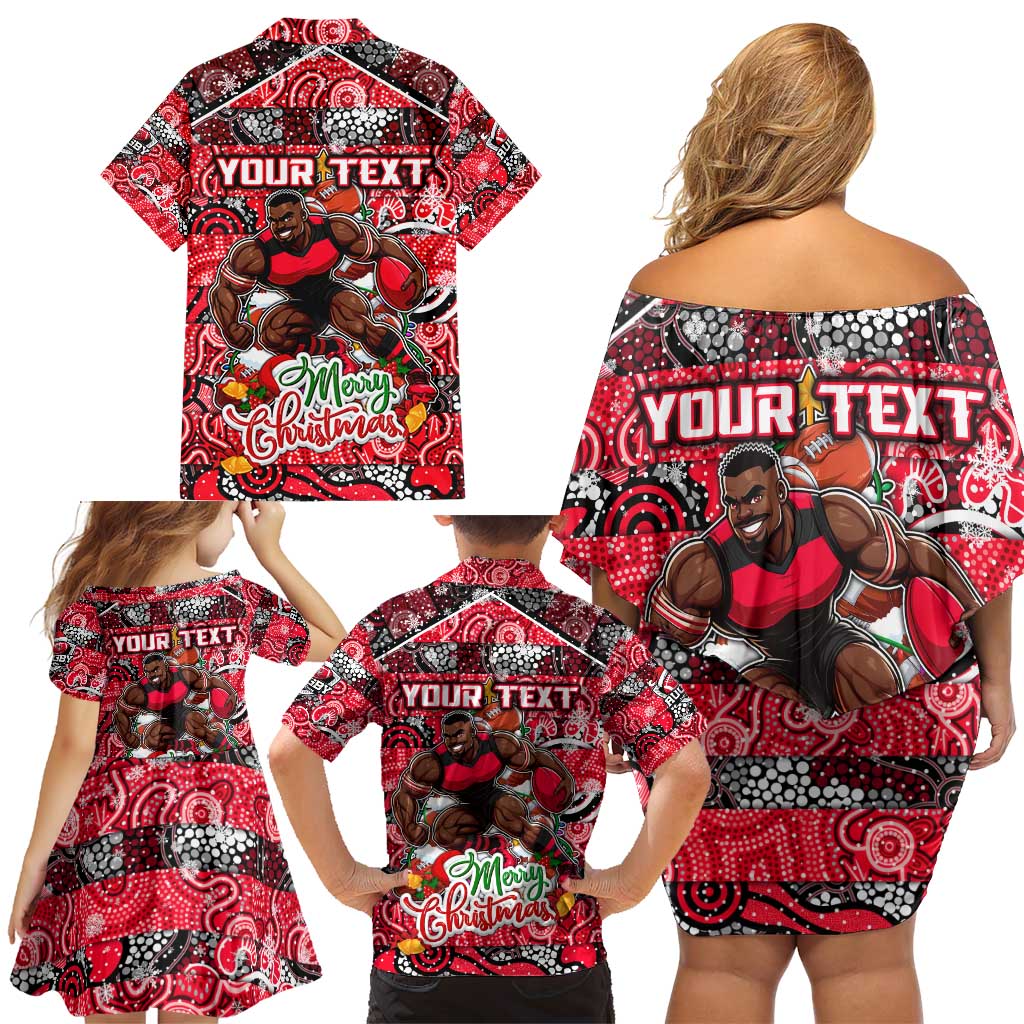 Custom Bombers Rugby Merry Christmas Family Matching Off Shoulder Short Dress and Hawaiian Shirt Indigenous Australian Art