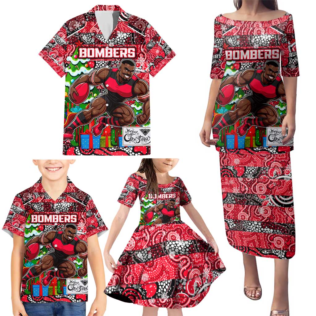 Custom Bombers Rugby Merry Christmas Family Matching Puletasi and Hawaiian Shirt Indigenous Australian Art