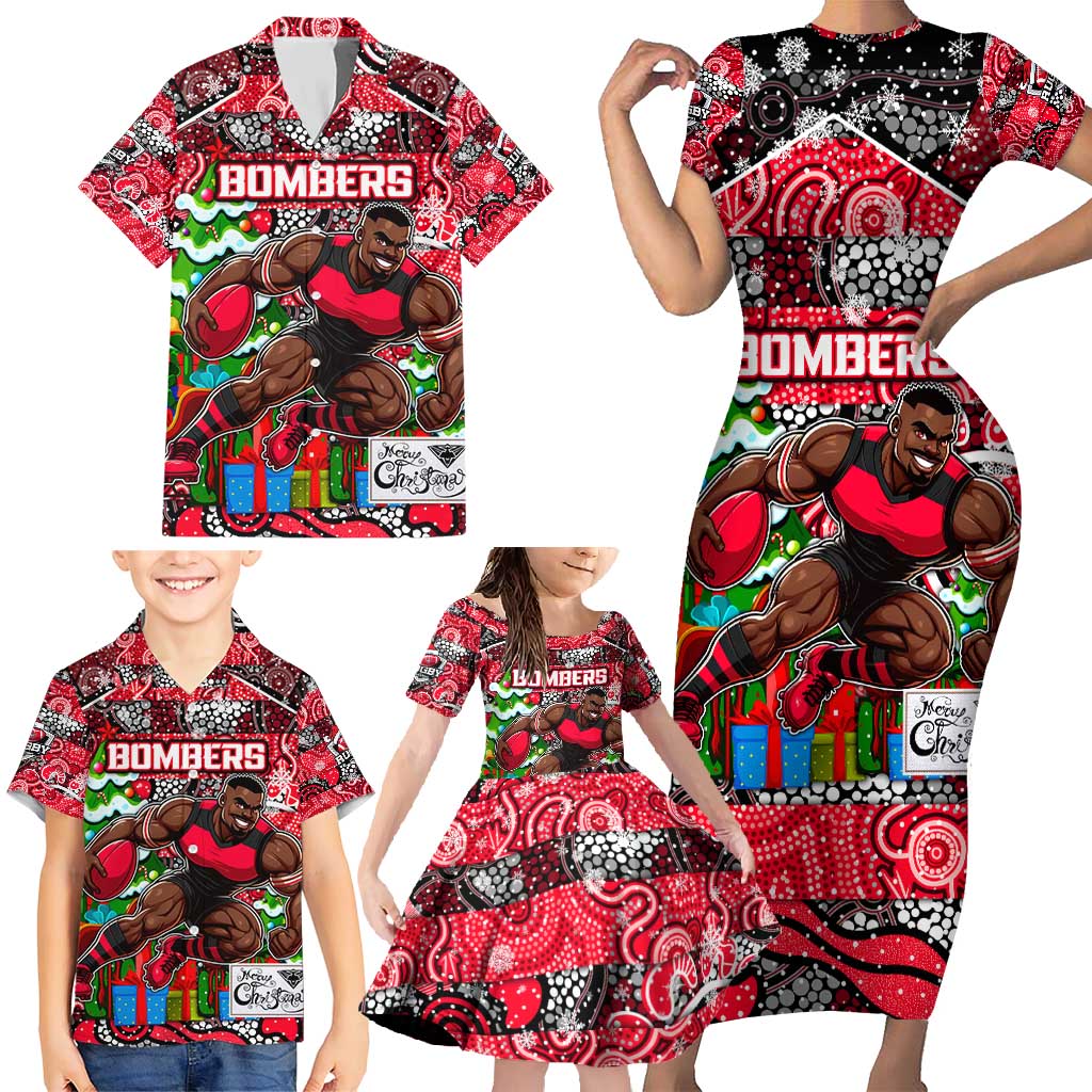 Custom Bombers Rugby Merry Christmas Family Matching Short Sleeve Bodycon Dress and Hawaiian Shirt Indigenous Australian Art