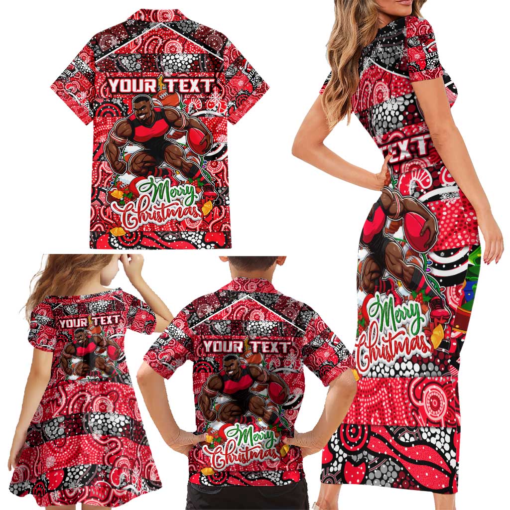 Custom Bombers Rugby Merry Christmas Family Matching Short Sleeve Bodycon Dress and Hawaiian Shirt Indigenous Australian Art