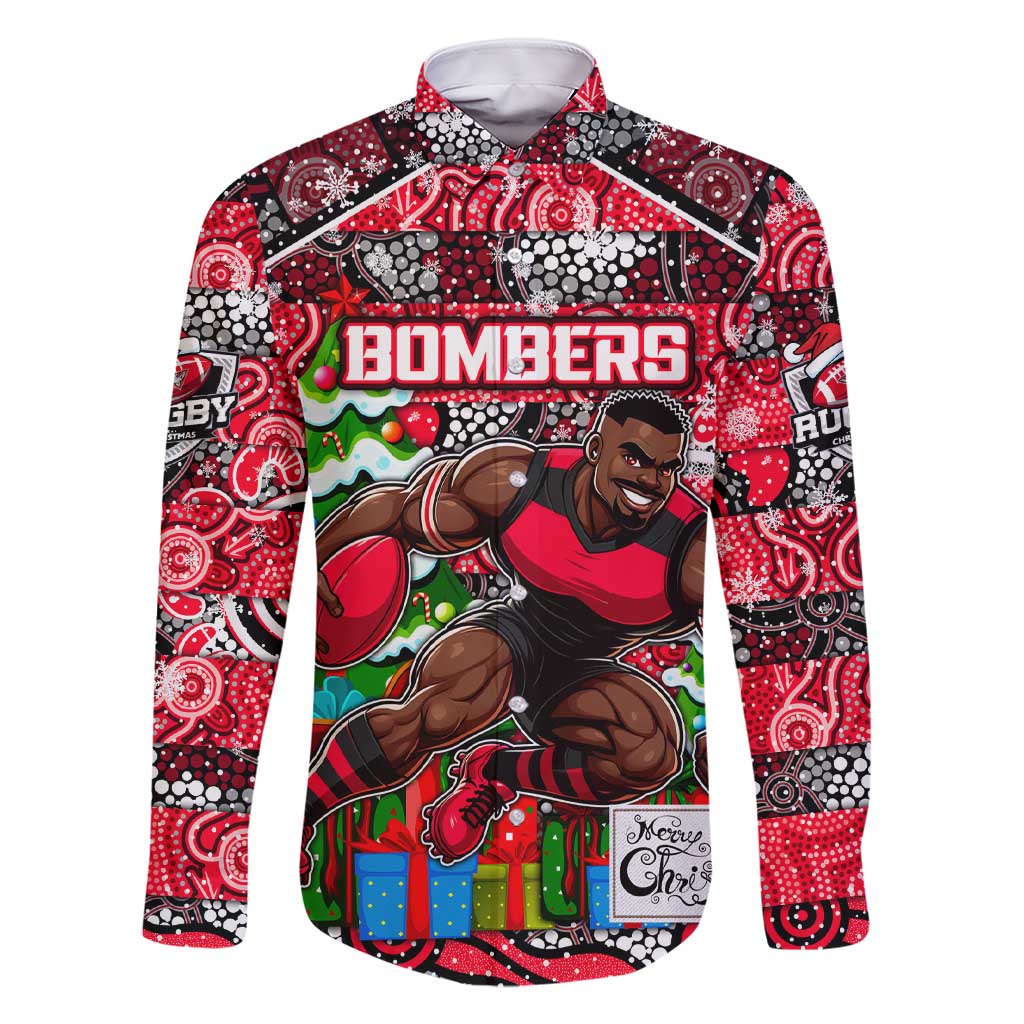 Custom Bombers Rugby Merry Christmas Family Matching Short Sleeve Bodycon Dress and Hawaiian Shirt Indigenous Australian Art