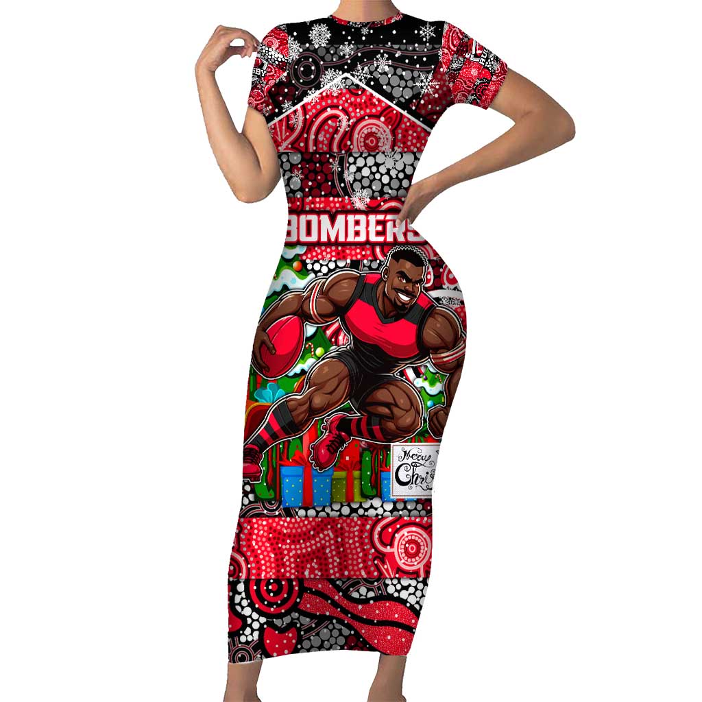 Custom Bombers Rugby Merry Christmas Family Matching Short Sleeve Bodycon Dress and Hawaiian Shirt Indigenous Australian Art